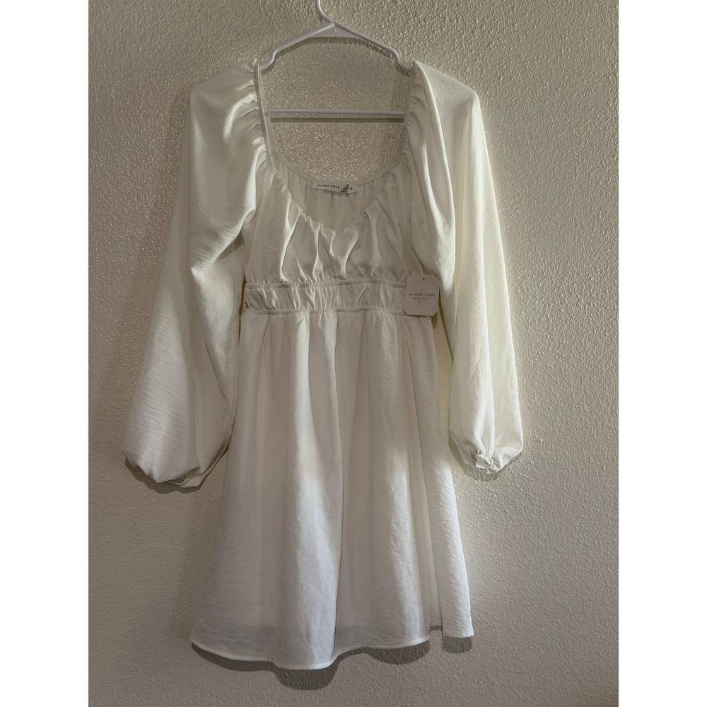 NWT Altar State White‎ Square Neck Long Sleeve Gathered Waist Mini Dress Size S